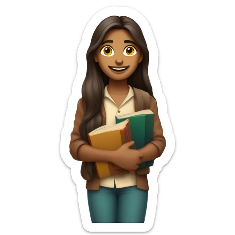 A desi indian fair skin tone with long hair holding books with smiley face sticker