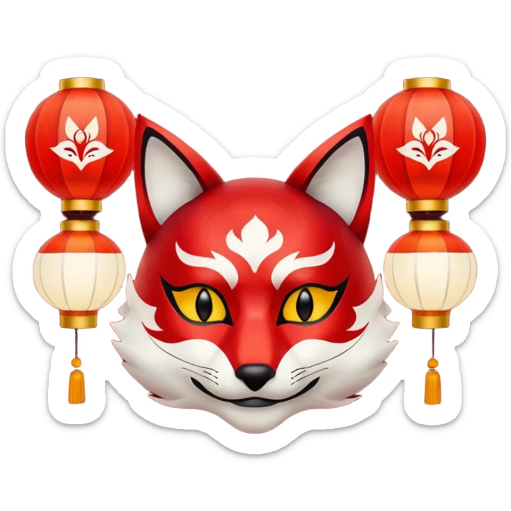 kitsune mask, worn by a festival performer at night, paper lanterns in background, colorful bokeh lights sticker