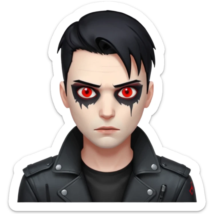 Cyberpunk man, slicked hair, silver metal jaw prosthetic, glowing red eyes, cold expression, clinical lighting sticker