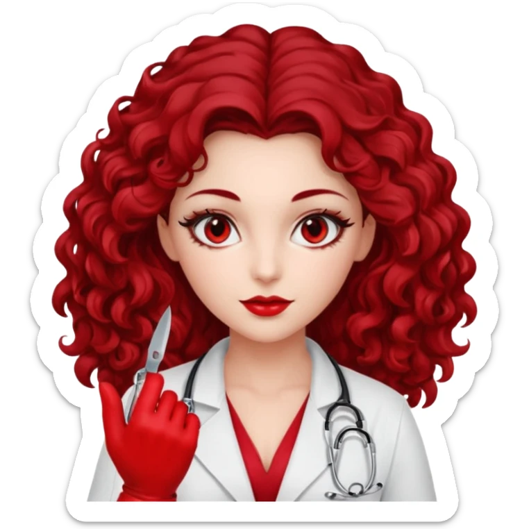 Lilith scalpel in hand, evil surgeon red outfit.  She has red eyes. She has dark brown long curly hair. Wears sexy doctor outfit with red gloves sticker