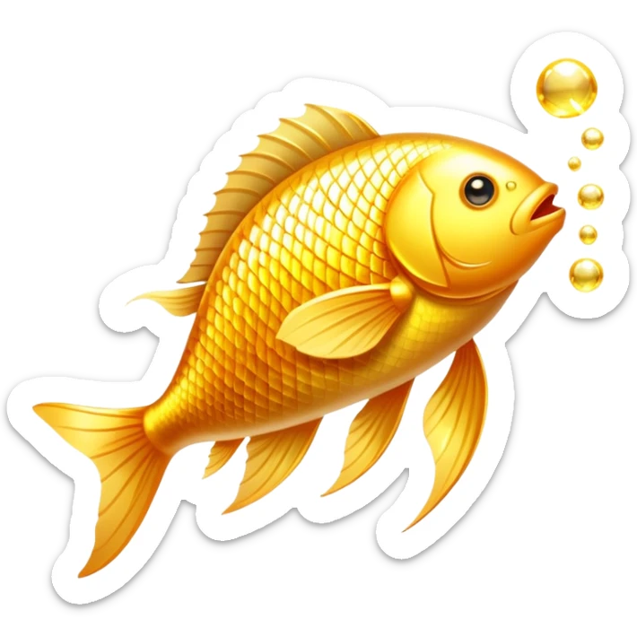 Bright golden fish with radiant glowing scales alongside a shining golden omega-3 capsule. Both elements emitting strong beams of light and sparkles, surrounding them with a brilliant aura. The scene is filled with luminous particles and light rays creating a magical, bright effect. sticker