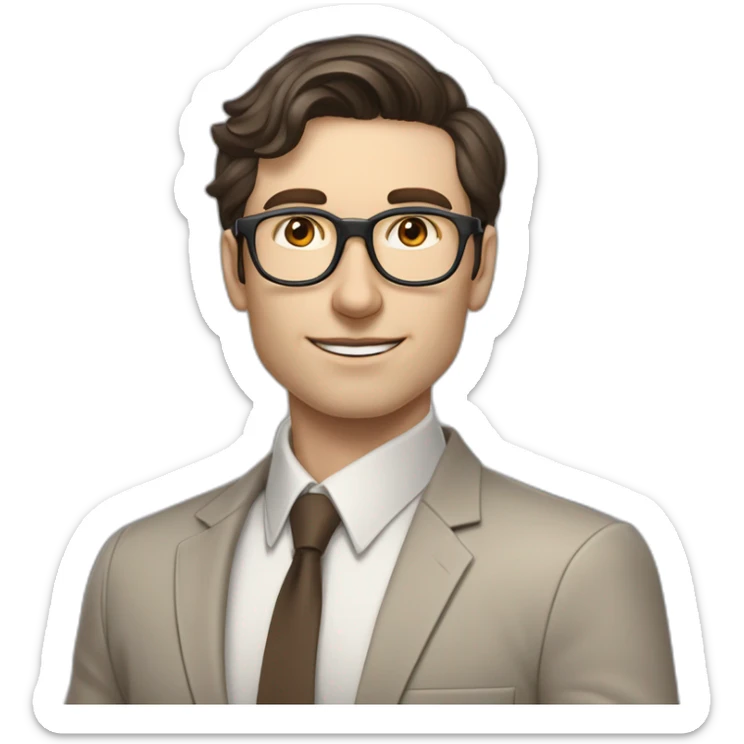 Pale skinned fit man with dark brown hair in gray jacket, beige office shirt, brown tie, brown pants and vintage glasses Writing on the flipchart sticker
