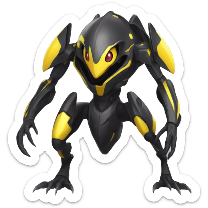 a shiny black-yellow Genesect-Raptor-Fakémon—hybrid with a futuristic visor-helmet full body sticker