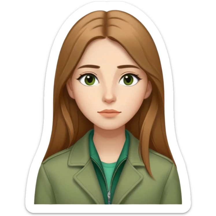 Caucasian girl with elongated face, soft jawline, long straight light brown hair with middle part, almond-shaped brown eyes with black eyeliner, thoughtful expression with slight smile, wearing green jacket sticker