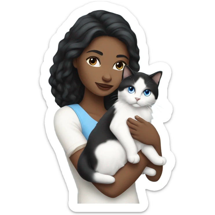 woman with black hair and holding a all white Siberian cat with blue eyes sticker