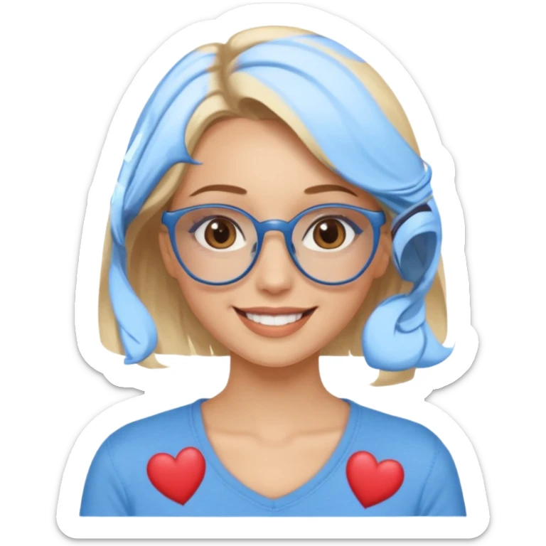 Asthectic pretty Blonde women brown eyes, blue glasses, waring a brown top smiling with hearts around her. sticker