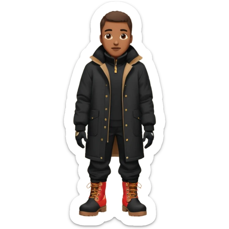 Handsome Black grown man with brown skin tone, wearing black joggers, a black weather coat, and buckwheat timberland boots, and black gloves sticker
