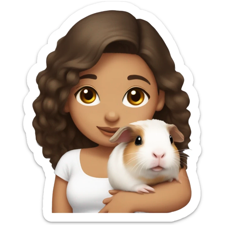 a Latina girl with long dark brown hair and light skin wearing a white tube top shirt snuggling a baby guinea pig sticker