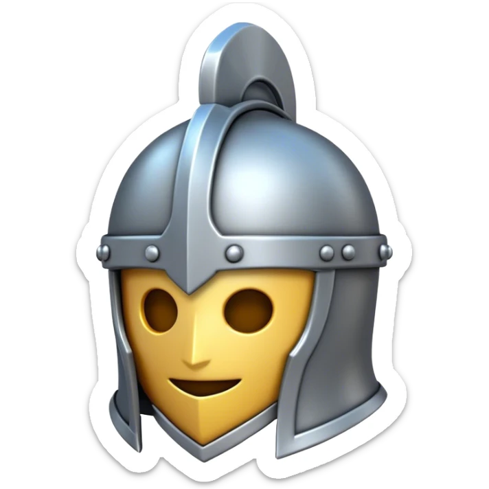 Clash of Clans aesthetic: Cinematic Playful 3D Isometric steel helm Emoji, rendered in a 3D vector-style similar to standard emojis with minimal shading and bold, simplified shapes. A compact, distinct form with signature details, softly glowing with a fantasy RPG magic charm. Simplified yet unmistakably iconic, highly detailed and consistent, glowing with a soft radiance and high shine. Stylized with a touch of heroic grandeur and a soft glowing outline, capturing the essence of a beloved gaming relic with a friendly, playful manner! sticker