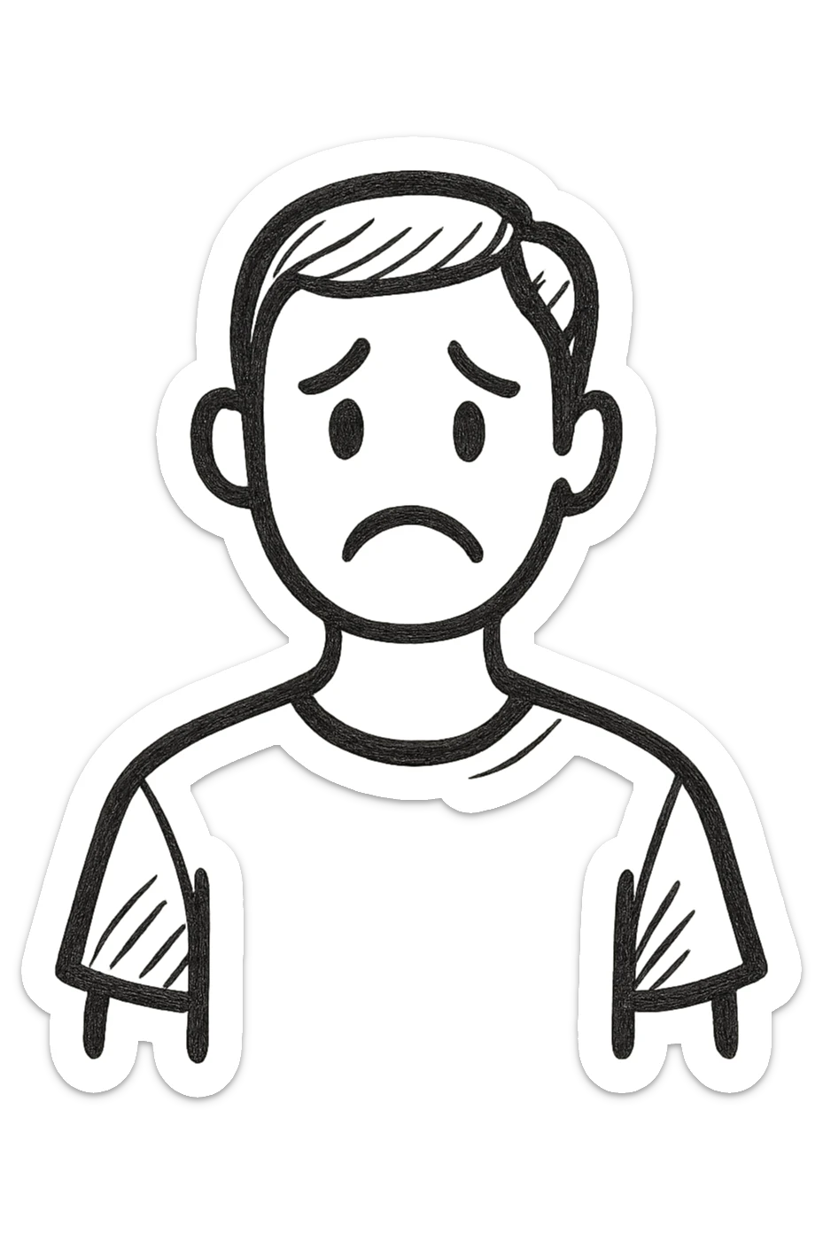 minimalistic black and white outline doodle of a man in a t-shirt with a sad face, no background sticker