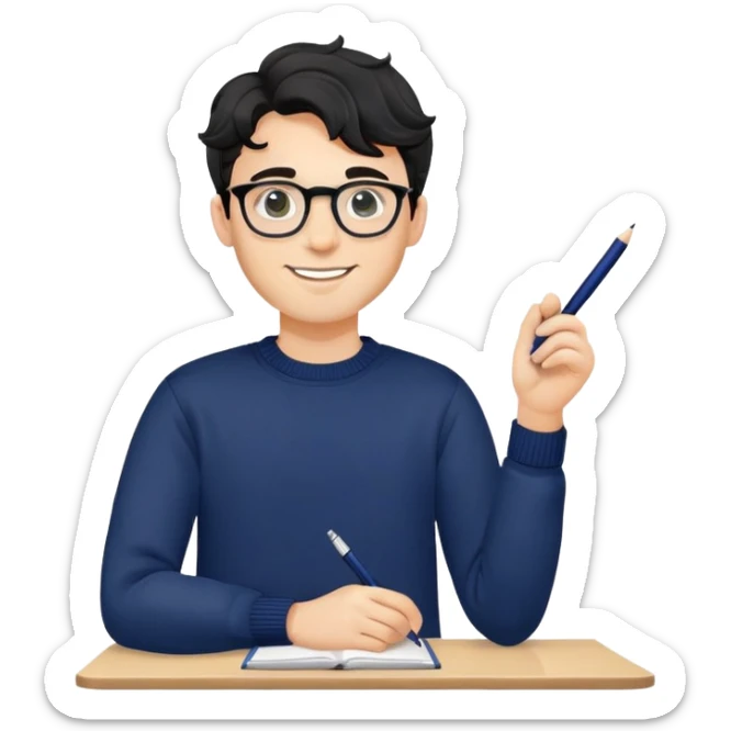 Young caucasian man with black wavy hair, round glasses, navy blue sweater, confident trustworthy smile, professional designer with pen sticker