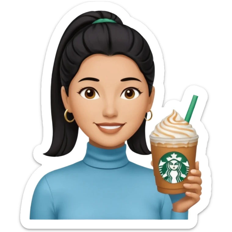  tan skin woman with long face, and very short black hair slicked back ponytail with forehead showing, wearing solid light blue turtleneck shirt, drinking starbucks caramel frappuccino, smiling with middle parted hair sticker