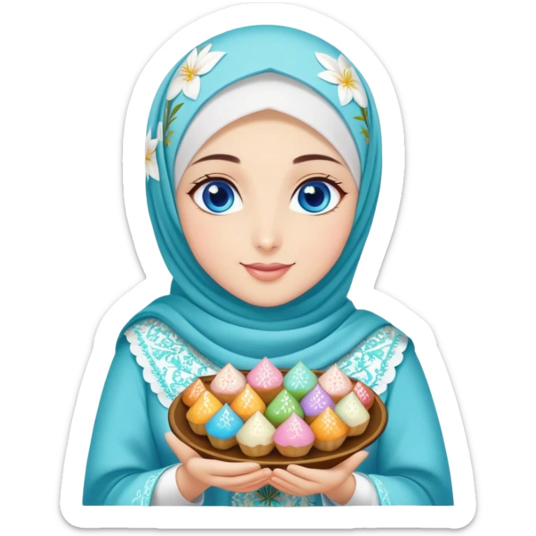 Turkish beautiful finish Konya girl blue eyes with lily floral hijab islamic dress and had on her hand text Eid Mubarak with sweets and celebrating with her friends eid days   sticker