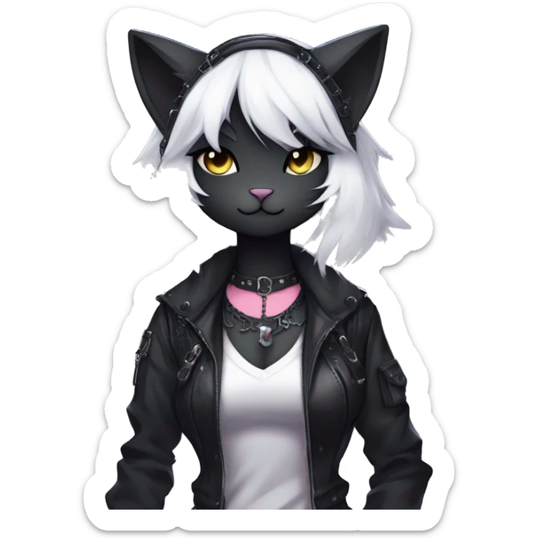Gorgeous furry gothic dark techwear anime style anthro black cat furry sona Fakemon with blushing face aesthetic and pretty edgy black with collar and harness trending style sticker