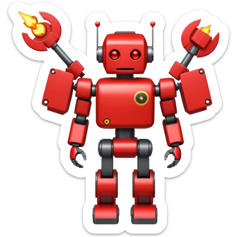 A red robot with 2 bomb weapon on his arms, he has a blocky body and a round red head sticker