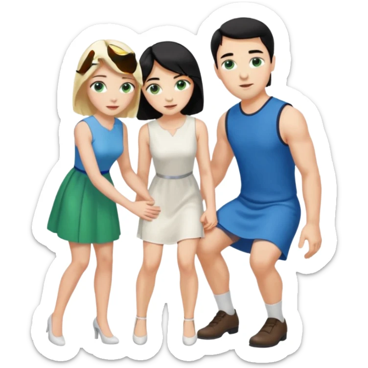 prince, black hair, blue eyes, garment,  woman, blonde Hair, green eyes, bending knee, sleveless white dress, sticker