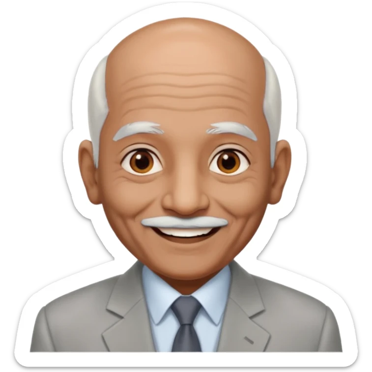 70 yr old indian man, almost bald, some white hair, light grey business suit, big smile, dark brown skin, no moustache, dark brown eyes
 sticker