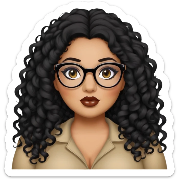 glasses, big plus size, darker tan skin, long black curly hair, baddie,pretty, makeup, lipliner, black eyeliner, long hair sticker