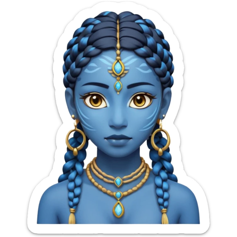 Illustrate a Pandora-style female avatar with radiant blue skin, intricate facial markings, twin braids flowing down, and deep luminous eyes. She wears golden earrings and a tribal rope necklace with a gem, her calm yet powerful gaze reflecting the spirit of the Na’vi. sticker