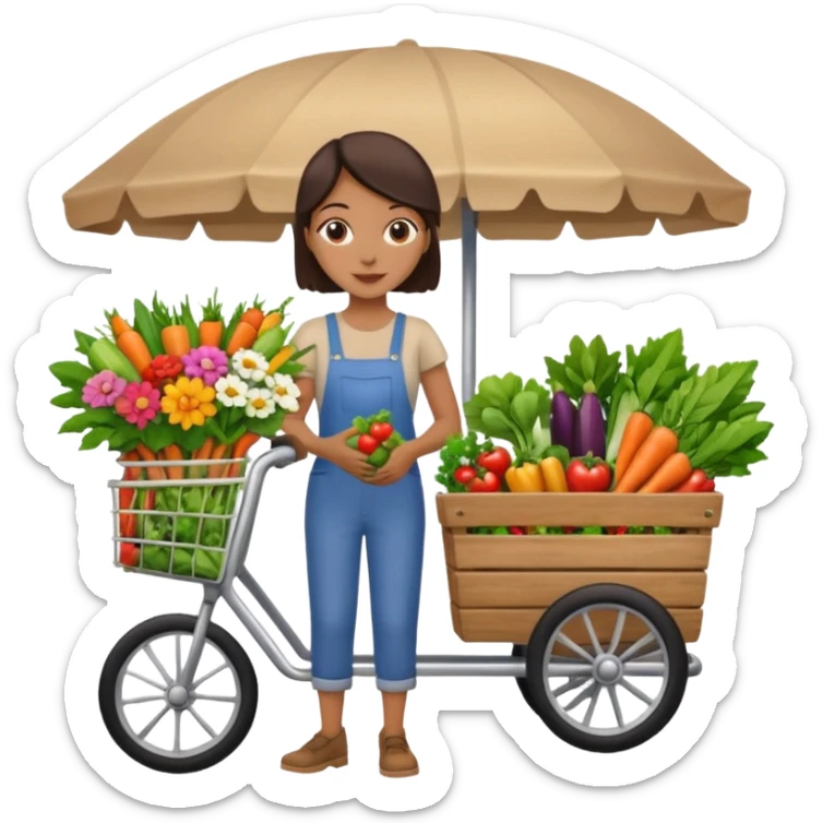 Shopper with flower bouquet,Farmers’ Market, background veggies cart. sticker