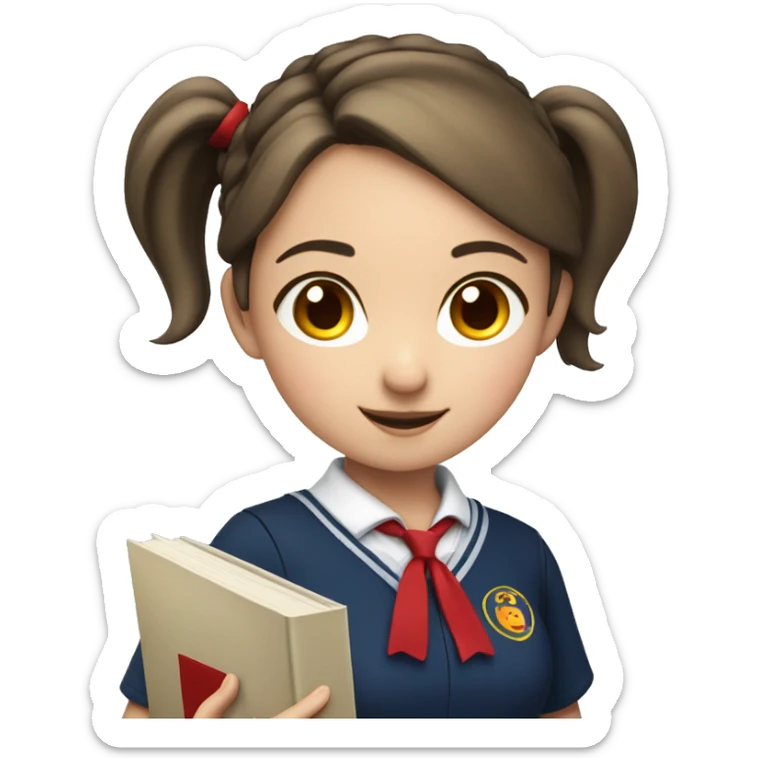 girl in a dark blue school uniform with a red collar, with two pigtails and a book in her hands sticker