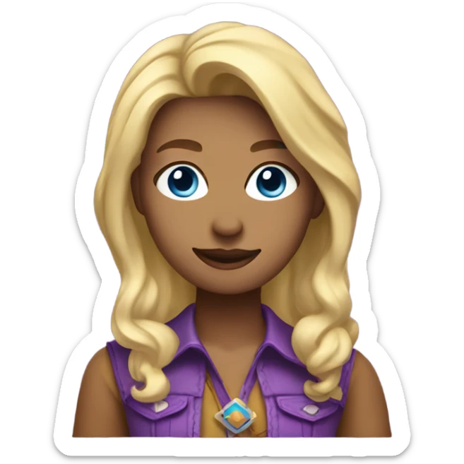 Cowgirl with purple had, blue eyes, and chin length blonde hair sticker