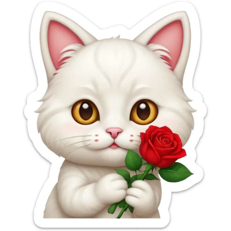Cute emoji-style white cat holding a red rose in its mouth, big round eyes, fluffy fur, clean mascot style, centered, transparent background, 1:1 ratio. sticker