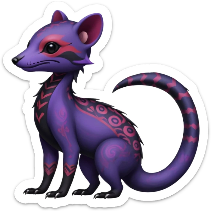 Rare warm-colored exotic gloomy tropical edgy cute epic aesthetic spooky indigo violet purple black red gothic colorful Salandit-Civet-species-Fakemon-hybrid-creature, with tribal tattoo markings, full body sticker