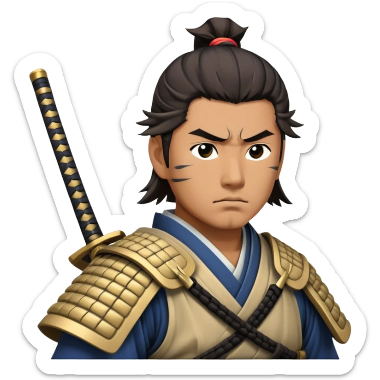 Cinematic Realistic Samurai Pop Culture Emoji, depicted with a noble, stoic portrayal of a samurai warrior rendered with crisp detail and dramatic, traditional lighting. sticker
