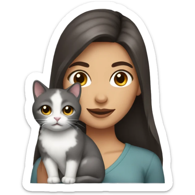 Woman with dark brown hair and brown eyes holding a gray fluffy cat sticker