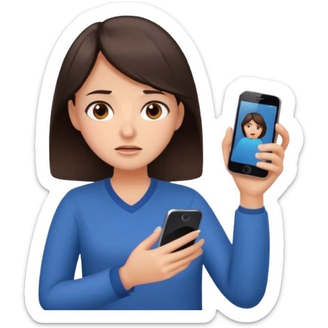 Social media manager. She has dark brown hair, brown eyes, overwhelmed expression, tired eyes, slightly stressed face,a holding a smartphone with notifications piling up sticker