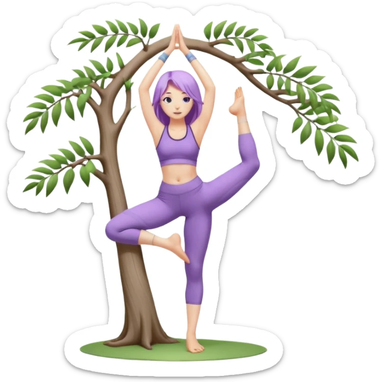 Девушка белокожая, с длинными светло-фиолетовыми волосами, в одежде для йоги, стоит в позе дерева на одной ноге, вторая нога согнута, руки вверху ладонь к ладони, в стиле бимбо пилатес, без лишних конечностей, без деревьев на фоне sticker