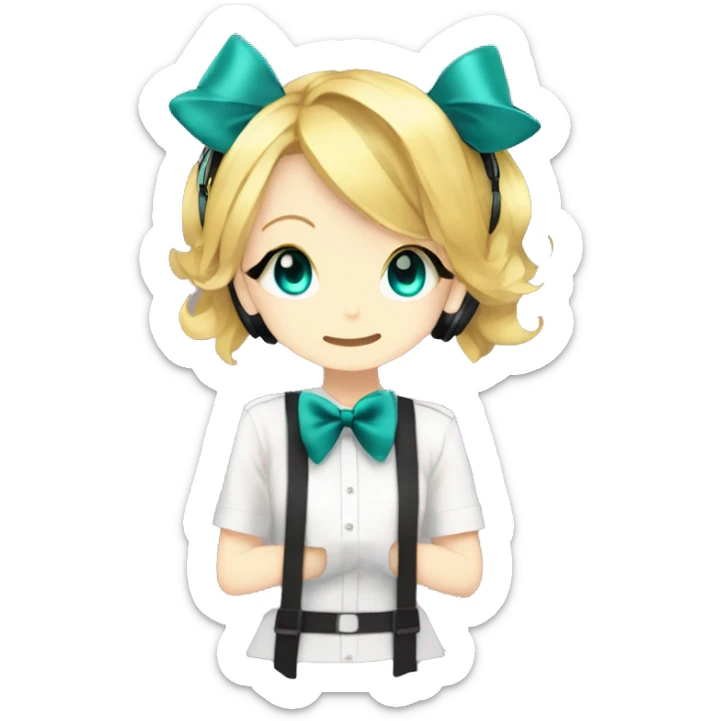Kagamine rin, she has a bow a sigh headphones+mic and bowtie with Teal eyes sticker