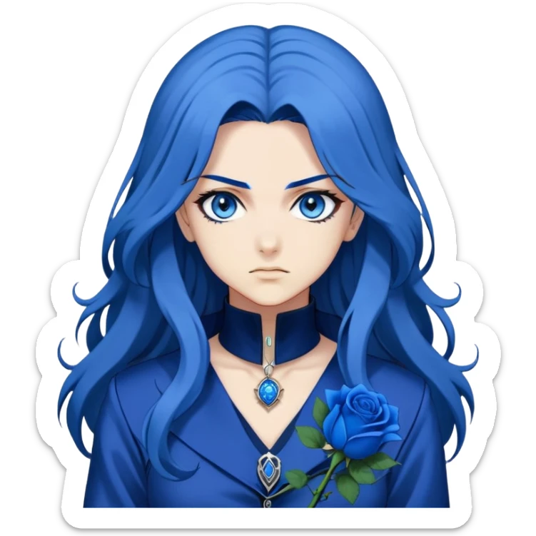 head portrait of anime girl with long dark blue hair, blue rose in hair, bright blue eyes, dramatic JoJo's Bizarre Adventure style, bold outlines, intense expression sticker