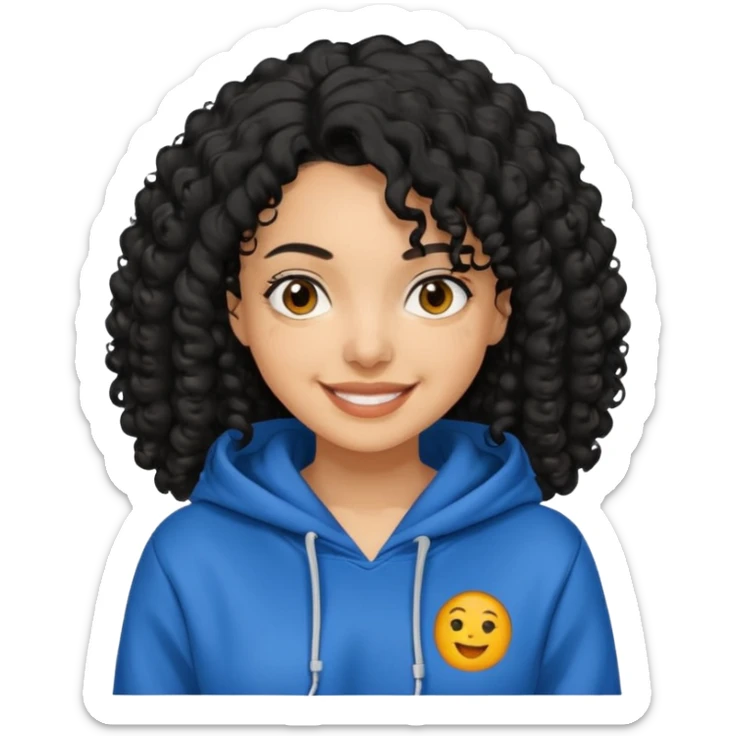 A women with a black curly hair who wear a hoodie and that hoodie have a some smorf sticker