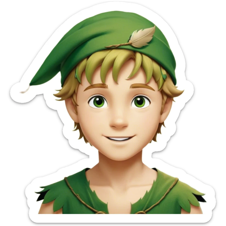 Cinematic Realistic Peter Pan Portrait, depicted with lifelike, youthful skin touched by a gentle sun-kissed glow. His bright, expressive eyes and confident smile evoke a timeless sense of wonder. Dressed in his iconic green tunic and feathered cap, every detail is rendered with soft, natural lighting that highlights his blend of innocence and courageous spirit. sticker