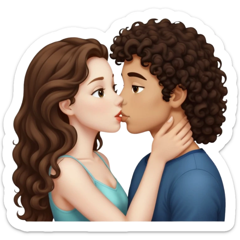 long light brown hair girl with pale skin and boy with dark curly hair and tanned skin kissing sticker