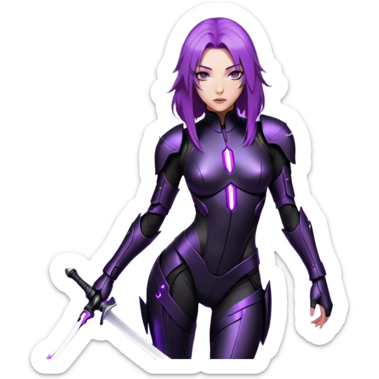 A sleek warrior woman with flowing purple hair, her sharp violet eyes glowing with quiet intensity. She wears a form-fitting black armored suit with smooth, seamless plating, a fusion of high-tech design and elegant minimalism. The matte black surface subtly reflects the dim ambient light, highlighting the streamlined contours of her suit. A slim, obsidian blade rests at her side, its edge barely visible in the soft glow of floating digital glyphs around her. Her expression is poised—calm, calculated, and unwavering, standing against a gradient-lit backdrop, where darkness meets the faintest hint of neon luminescence. sticker