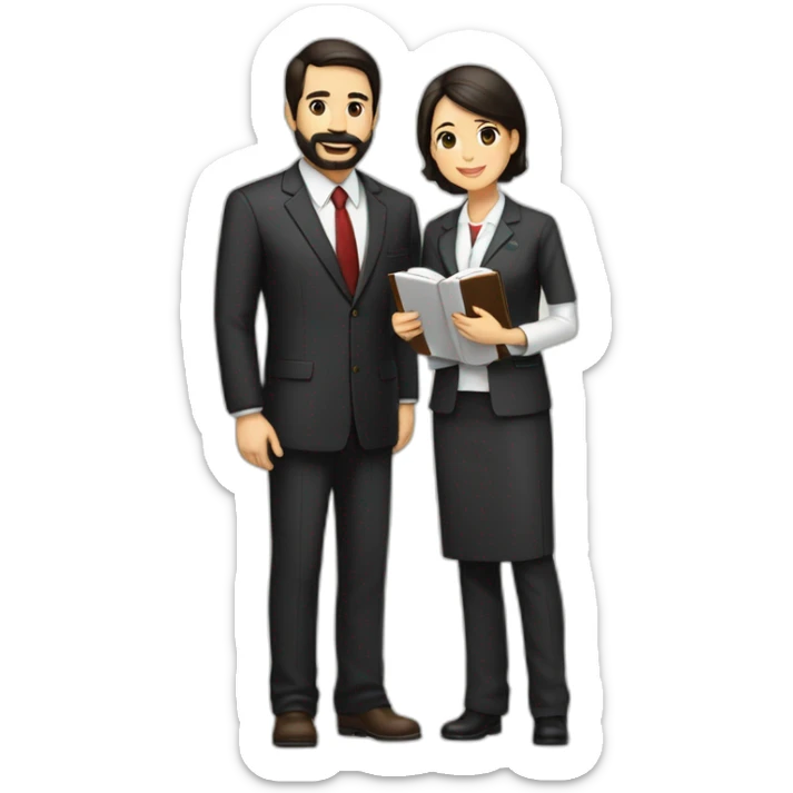 husband american age 55 dark brown hair trimmed beard wearing business suit holding bible together, wife asian age 55 black shoulder length hair wearing nurse uniform, no children sticker