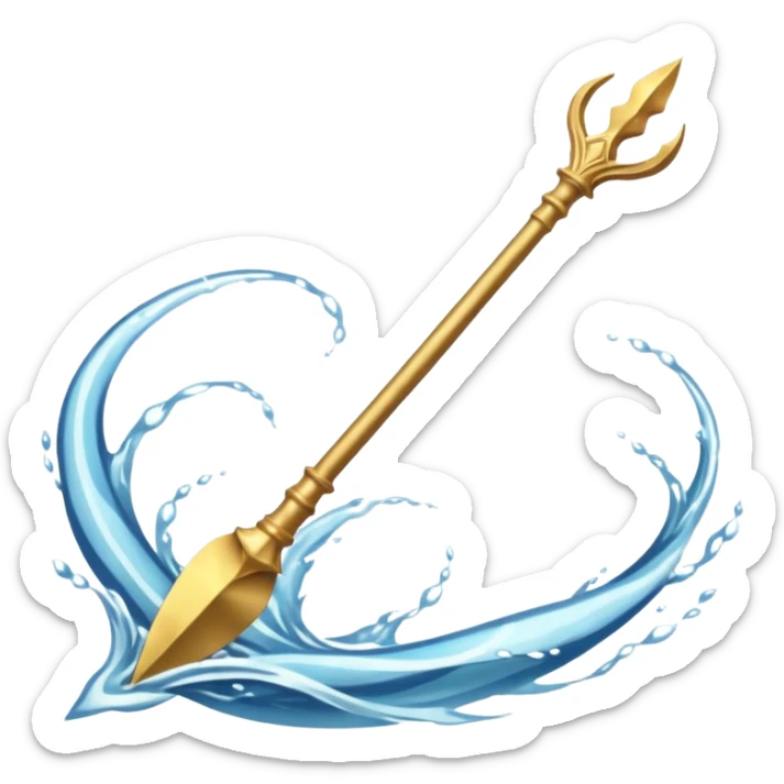 Golden three-pronged spear, water swirling around it, symbol of the sea. sticker