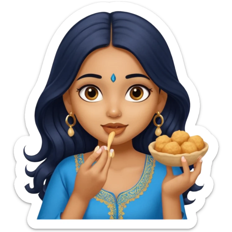 a pretty tan indian bratz girl. eyeliner on, wearing a blue kurti, eating golgappa. NO SPOON. wavy long BLACK coloured hair sticker