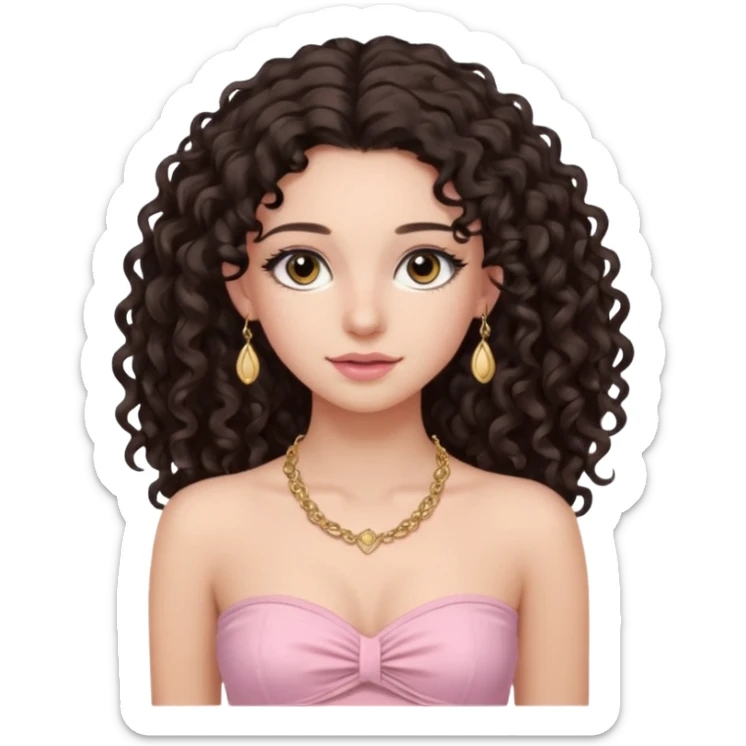 crée moi une jeune fille très belle avec les cheveux bouclés long et brune avec un top  sans manche ni brettelles juste un 'bandeau' de couleur rose clair avec un peu de maquillage et des beaux et long  cils avec un collier en or sticker