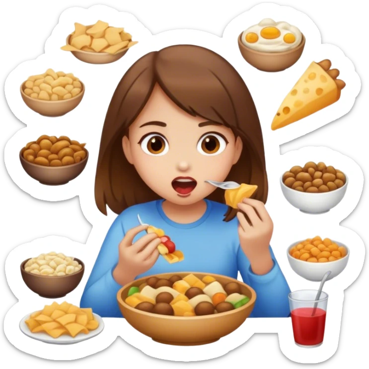 Girl with brown hair eating a lot of food sticker