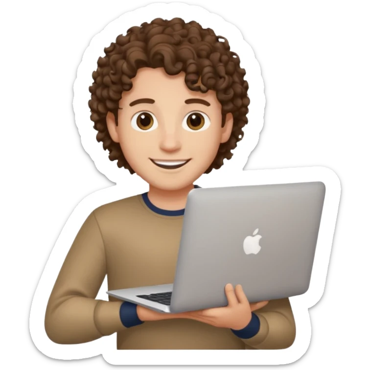 guy with curly hair and skin tone a little bit white, with a macbook sticker