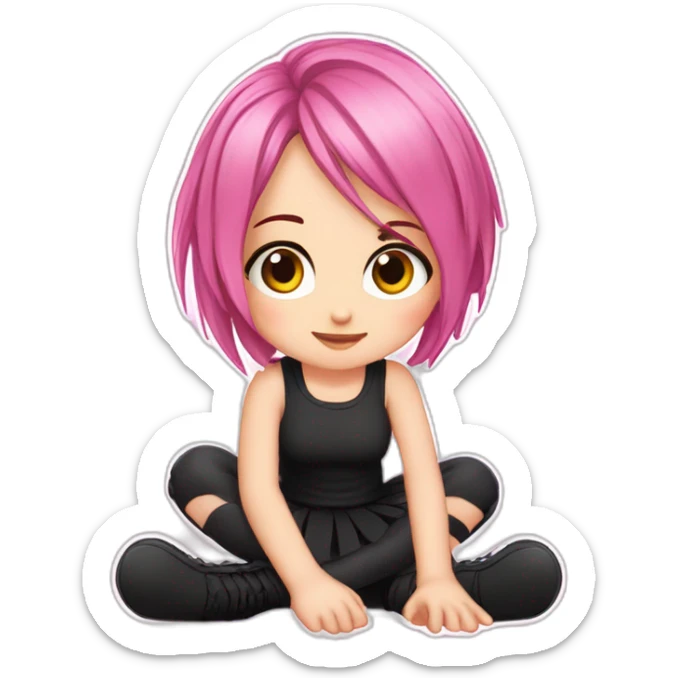 Full body Front view curvy emo girl pink hair sits on the floor straight view hands up black skirt полосатые рваные чулки sticker
