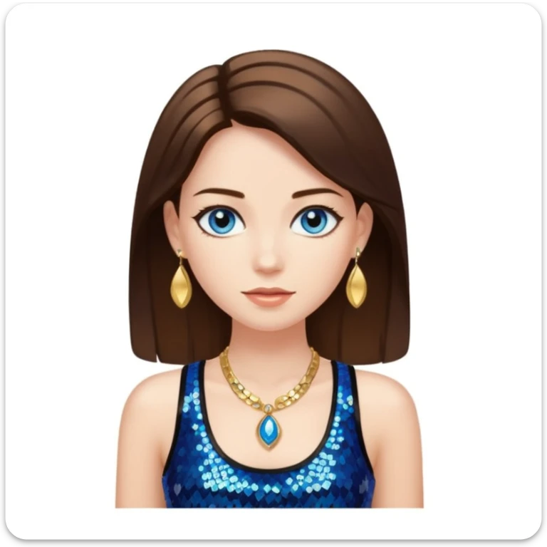 A woman with smooth brown hair with white skin and blue eyes, she has a black sequined tank top and golden jewelry sticker