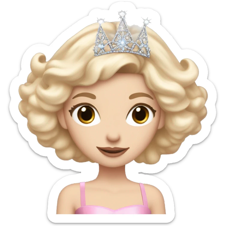 white girl with blonde hair and brown eyes wearing an elegant fluffy pink dress wearing a silver tiara holding a big wand in her hand surrounded by a bubble sticker