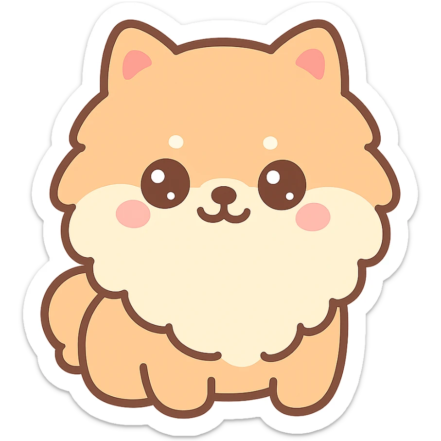 Pomeranian dog, kawaii cartoon style, big eyes, round face, very cute sticker