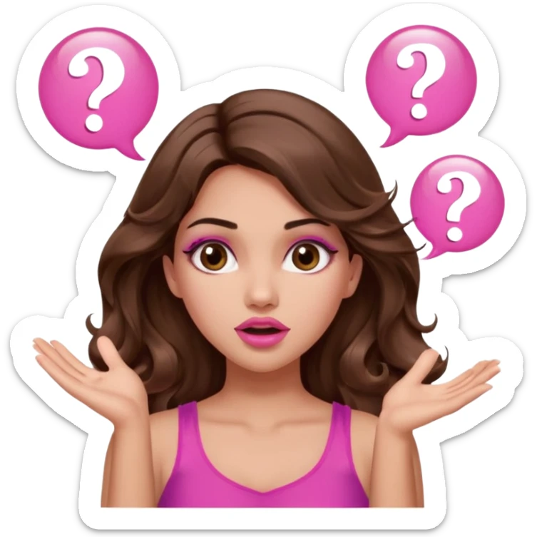 girl with long wavy brown hair, brown eyes, long lashes makeup, sexy pink lips, light to medium complexion, pink sexy top, two hands up, shrugging, confused question mark bubble sign sticker