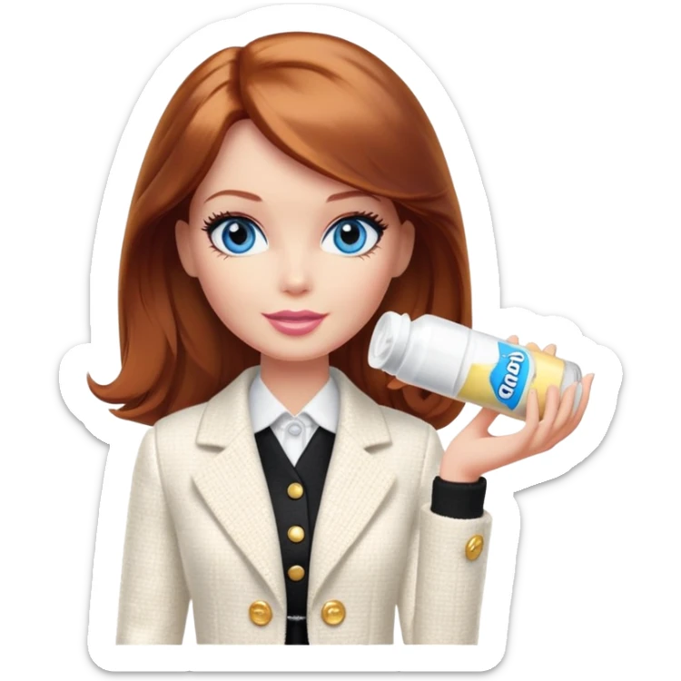 A Barbie girl with blue eyes, shoulder-length reddish-brown hair, made-up, in a white tweed jacket and black skirt, holding a tube of pale yellow face cream sticker